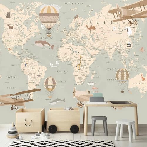 AFZEVEB-Vintage Animal Wallpaper Cartoon Aircraft Map Wall murals for Kids Room 136"x96"(Not Peel and Stick)