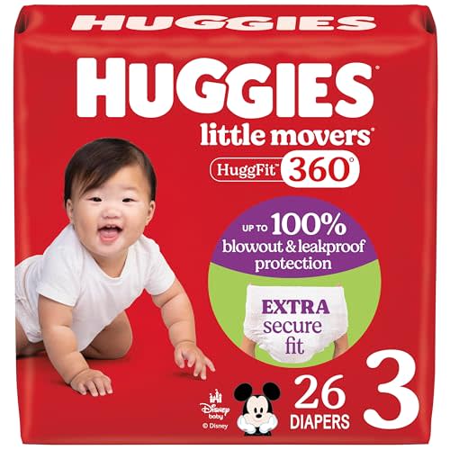 Huggies Size 3 Baby Diapers, Little Movers HuggFit 360° Baby Diapers with 360° Waistband, Size 3 (16-28 lbs), 26 Count, Packaging May Vary