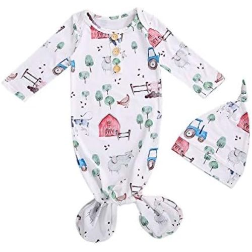 FIOMVA Newborn Baby Girl Boy Nightgowns Organic Cotton Gowns Knotted Sleeping Bag with Hat Coming Home Outfit for Unisex Baby
