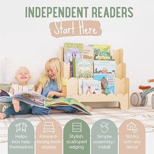 Wooden Kids Bookshelf w/Scalloped Edges- Made in USA- Perfect Height 3-Tier Montessori Shelf- Durable Childrens Bookcase for Kids Room or Playroom- Baby Book Shelf Nursery