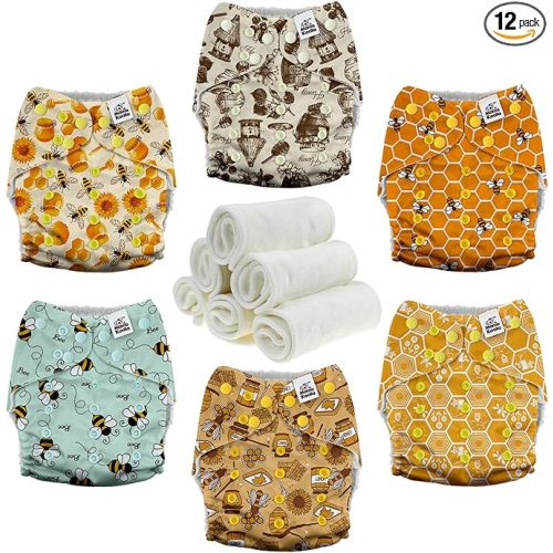 Mama Koala 3.0 Pocket Cloth Diapers for Babies with AWJ Lining, 6 Pack with 6 4-Layer Natural Cloth Diaper Inserts - Reusable and Washable Pocket Diapers(Hardworking Bees)