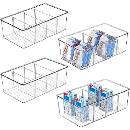 Vtopmart 4 Pack Food Storage Organizer Bins, Clear Plastic Bins for Pantry, Kitchen, Fridge, Cabinet Organization and Storage, 4 Compartment Holder Packets, Snacks, Pouches, Spice Packets