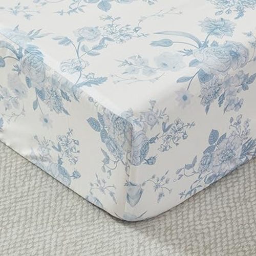 Brandream Baby Crib Sheets for Girls Boys, Fitted Crib Sheet for Standard Crib and Toddler Mattress, Super Soft 100% Cotton Baby Sheet French Country Toile Botanical Grandmillennial Floral Print, Blue