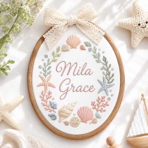 Personalized Coastal Name Hoop Sign, Custom Name Ocean Nursery Wall Hanging, Baby Girl Room Decor, Beach Theme Keepsake Gift