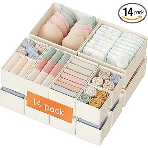 Criusia Drawer Organizer Clothes, 14 Pack Dresser Organizer for Baby Clothes, Underwear, Sock- Foldable Closet Organization and Storage Dividers Bins for Nursery, Bedroom and Dorm (Beige)