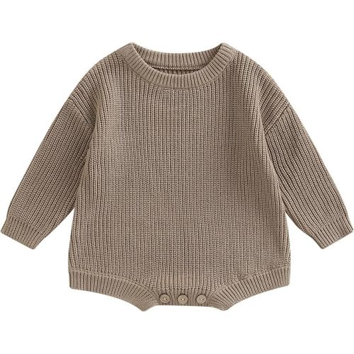 Newborn Baby Boy Girl Fall Winter Clothes Chunky Knit Sweater Romper | Solid Color Long Sleeve Onesie Oversized Romper One Piece Bodysuit Newborn Baby Boy Girl Coming Home Outfit Cute Clothes