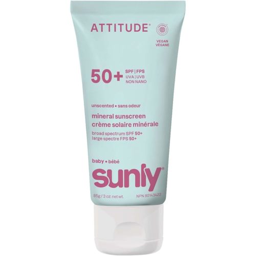 ATTITUDE Baby Mineral Sunscreen SPF 50, Broad Spectrum Zinc Oxide, EWG Verified, Mineral-Based, Non-Nano, Lightweight Cream for Face & Body, Gentle Formula, Unscented, 3 Oz