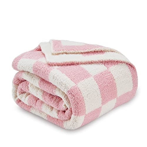 CozeCube Super Soft Fullfy Microfiber Reversible Knitted Blankets, Warm Cozy Fuzzy Plush Throw, Pink and White Checkered Throw Blanket for Couch Bed Sofa, 50" x 60"