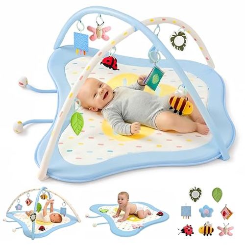 Pamo Babe Baby Play Gym & Activity Mat, Tummy Time Mat with 8 Montessori Toys, Non-slip Foldable Baby Playmat for Stage-Based Development, Machine Washable Baby Gym Play Mat for Newborn Essential Gift