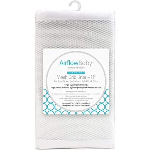 AirflowBaby by BreathableBaby, Breathable Mesh Liner for Cribs with 52"x28" (132x70cm) Mattress, White, Essential 2mm Mesh, 11" H (28cm) Style Covers 3 or 4 Sides, Safety Tested (Not for Mini Cribs)