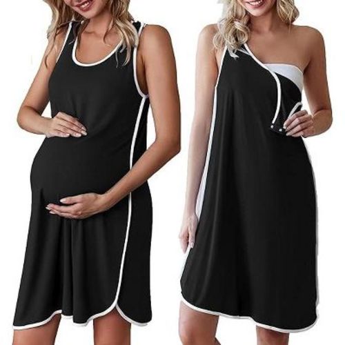 Ekouaer Labor and Delivery Gown for Hospital 3 in 1 Nursing Dress Sleeveless Maternity Snap Button Breastfeeding Nightgown Black M