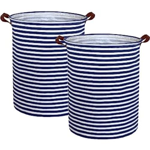 ESSME 2pack Kids Laundry Hamper,Boys laundry basket,Collapsible Bule storage basket with Waterproof PE Coating,Canvas Fabric Nursery Hamper for Kids Room Decor,Toy storage,Gift,Baby Clothing.(2pack Navy Blue stripes)