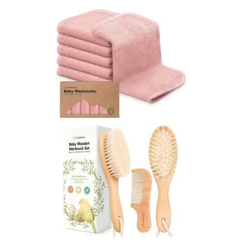 Keababies Baby Washcloths for Newborn, Kids and Baby Hair Brush and Baby Comb Set - Bath Baby Towels, Face Towel, Face Cloths - Wooden Baby Brush with Soft Goat Bristle