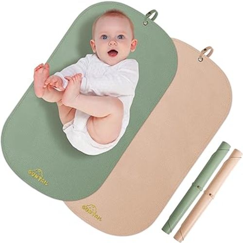 Portable Baby Diaper Changing Mat,Soft Faux Leather, Wipeable & Easy to Clean,for Home or Travel, Waterproof, with Storage Strap,Easily Put into Diaper Bag,30 x 17 in (Beige & Sage Green)