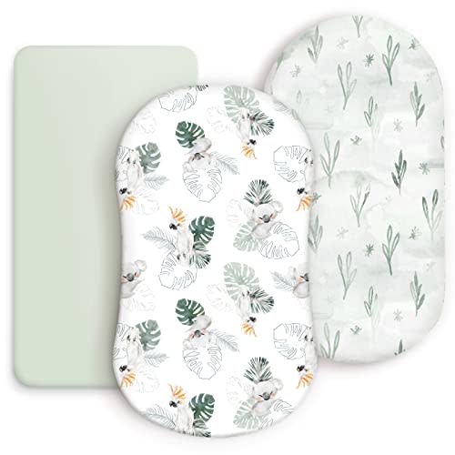 GRSSDER Stretch Ultra Soft Fitted Bassinet Sheets 3 Pack, Universal Fit for Bassinets Baby Cradle Moses Basket Oval Rectangle Mattress Safe and Snug, Stylish Watercolor Animals for Baby, Mint Green