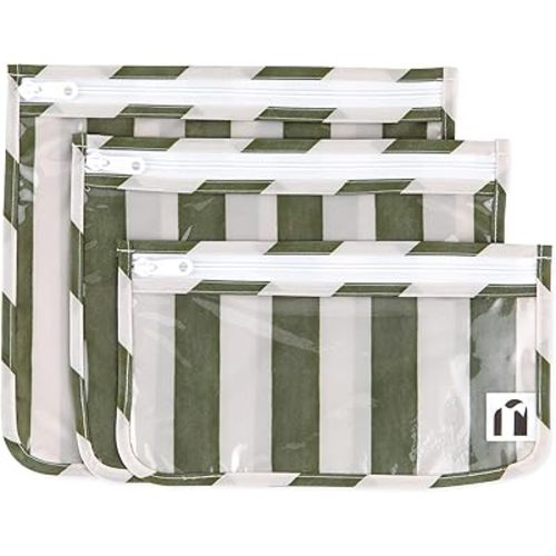 Bumkins Roamio Travel Bag, Toiletry, TSA Approved Pouch, Zip Quart Size Airline Compliant, Clear-Sided, Baby, Diaper Organization, Makeup, Accessories, Carry On Packing, Set of 3 Sizes, Green Stripe