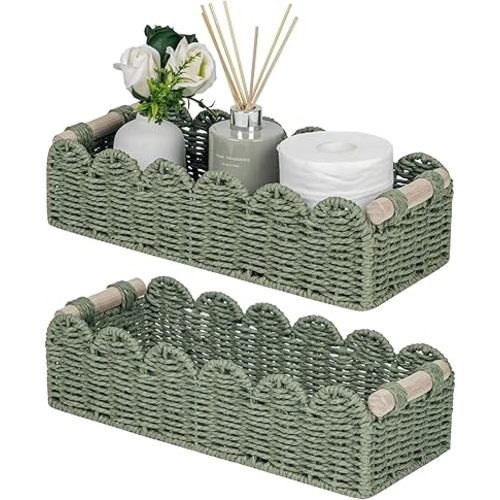 CubesLand Bathroom Basket Organizer, Toilet Tank Paper Storage Baskets 2-Pack, Scalloped Decorative Basket for Countertop w/Handle, Wicker Basket for Bathroom Decor, Home Decor, Living Room, Green