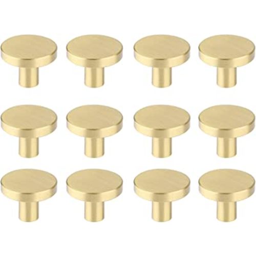 RZDEAL Round Cabinet Knobs, Solid Brass Dresser Knobs Brushed Gold Cabinet Knobs for Kitchen Drawers(12Pcs, 1.1"x0.78")