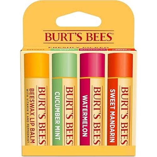 Burt's Bees Lip Balm - Original Beeswax, Cucumber Mint, Watermelon & Sweet Mandarin, With Responsibly Sourced Beeswax, Tint-Free, Natural Origin Treatment, 4 Tubes, 0.15 oz.