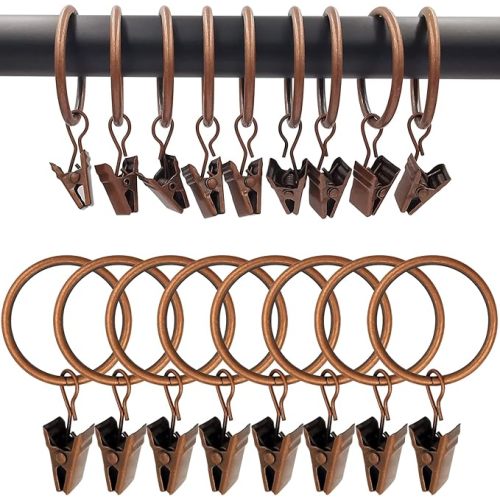 100 Pack Antique Copper Curtain Rings with Clips, Curtain Hooks Hangers Clip Rings for Hanging Drapes Bows Hat, Drapery Rings 1.26 in I D, Fits up to 1 in Diameter Curtain Rod.