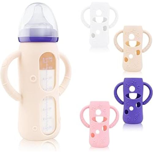 ZCH 4-Pack Silicone Sleeves for Lansinoh Glass Bottles, BPA-Free Drop-Resistant Baby Bottle Sleeves with Handles, Compatible with Lansinoh Anti-Colic Glass Baby Bottles (8 oz)