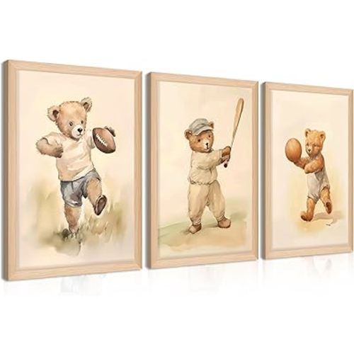 Framed Bear Wall Art Nursery Decor Set of 3, Cute Vintage Baby Bear Sports Pictures Wall Decor, Nursery Animal Poster Prints, Wild Animals Canvas for Children Bedroom Boy Room Decoration – 16x24 inch