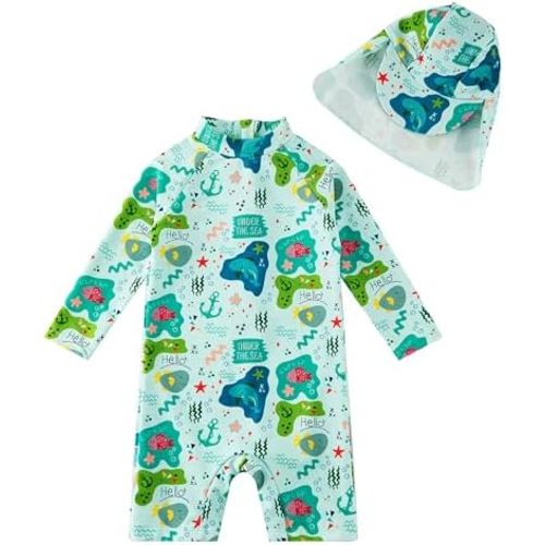 upandfast Baby/Toddler Swimsuit UPF 50+ Sun Protection One Piece Zipper Bathing Suit with Sun Hat Infant Beach Swimwear