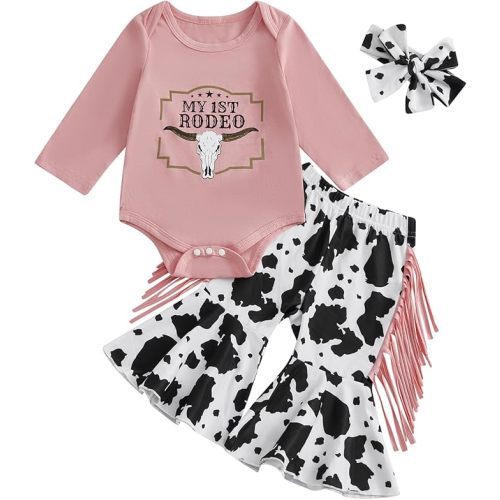 SAYOO Western Baby Girl Clothes Boots or Bows Letter Bodysuit Romper Cow Print Flared Pants Headband Cowgirl Country Outfit