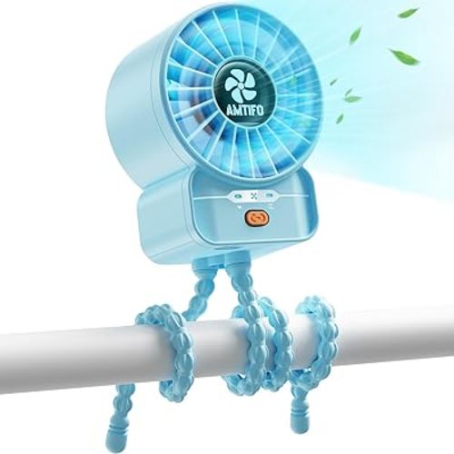 AMTIFO Blue Baby Fan - USB Rechargeable, Quiet, Adjustable Speed, Portable Cooling Fan for Baby Stroller, Car Seats, Nurseries, and Outdoor Activities - Long Battery Life, Turbo Airflow