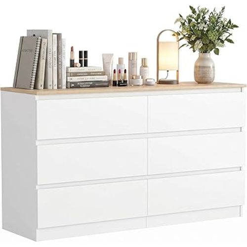 White 6 Drawer Dresser with Oak Top for Bedroom, Modern Chest of Drawers for Bedroom,Wood Bedroom Storage Organizer Furniture,6 Deep Drawers Dresser for Closet