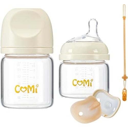 COMI Natural Glass Baby Bottles for Breastfeeding Babies,Newborn Anti-Colic Baby Bottle Set with Slow Flow Nipple,0-3 Months,BPA-Free,4 oz and 6 oz,2 Pack