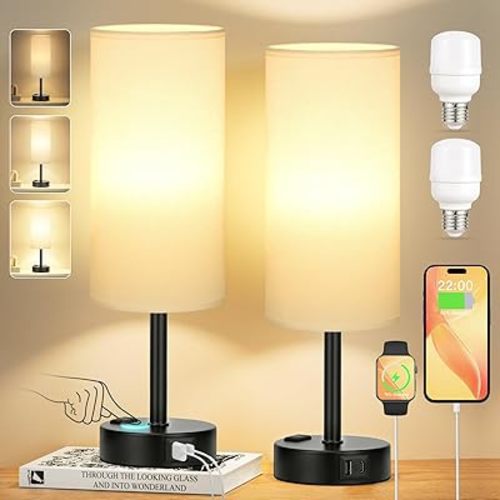 White Bedroom Lamps Set of 2-3 Way Dimmable Touch Table Lamps with USB C and A Ports, Bedside Lamps for Nightstand with AC Outlet, Small Desk Lamps with Black Base for Office Hotel