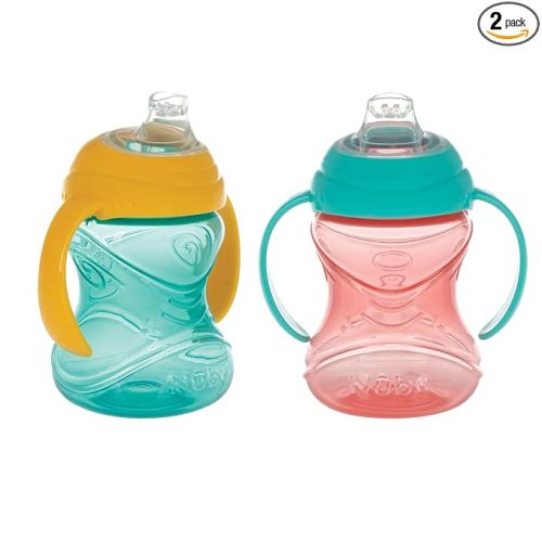 Nuby Clik-It Soft Spout No-Spill Training Sippy Cup with Handles - (2-Pack) 10 oz - 4+ Months - Aqua/Red/Orange