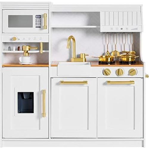 Best Choice Products Toddler Kitchen Playset with Pretend Play Espresso Machine, Interactive Wooden Kids Play Kitchen Equipped with Toy Storage and 17 Accessories - White