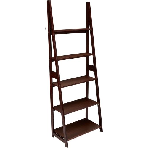 Amazon Basics 5-Tier Ladder Bookshelf Storage Organizer, Tall Bookcase for Small Space, Solid Rubberwood Frame, Modern Display Shelf, Espresso Finish, 14" D x 24.8" W x 70.1" H