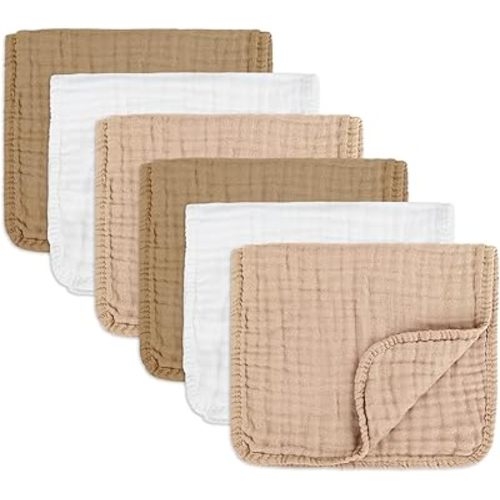 Muslin Burp Cloths Soft and Breathable Burp Cloths Baby Girl 6 Pack 10x20 inches It is a Must-Baby Girl Newborn Essentials and Baby Essentials (6, White and Brown)