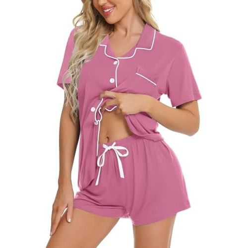 SWOMOG Womens Button Down Pajamas Set Short Sleeve Sleepwear Bride Soft Pj Lounge Sets XS-3XL