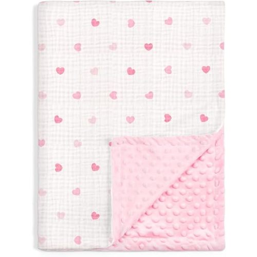 SANDJEST Heart Minky Muslin & Dotted Blanket 30x40 in Gift for Holiday, Gender Reveal Party, Hospital Visit, Baptism