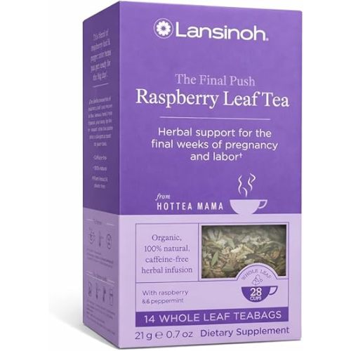 Lansinoh + HotTea Mama Final Push Tea, Red Raspberry Leaf Tea + Peppermint, for Labor and Delivery Prep, Caffeine-free, Sugar-Free, Pregnancy Must Haves, Includes 14 Tea Sachets