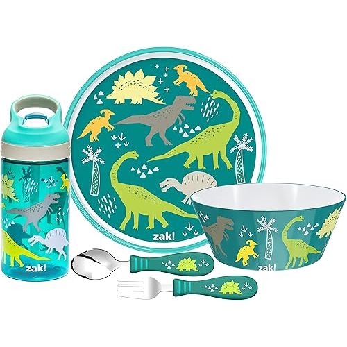 Zak Designs 5-Piece Dinnerware Set, Dinosaur - Durable Plastic & Stainless Steel - Includes Water Bottle, 8-Inch Plate, 6-Inch Bowl, Fork & Spoon - Suitable for Kids Ages 3+