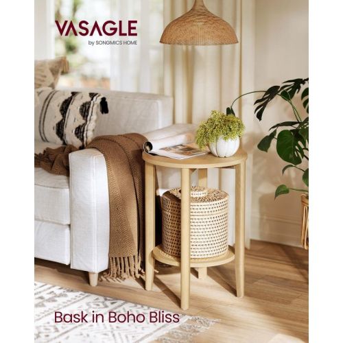 Boho 2-Tier Round Side Table - Rattan-Look Nightstand with Storage Shelf for Bedroom/Living Room, Space-Saving, Oak Beige
