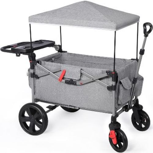 EVER ADVANCED Foldable Wagon Stroller for Two Kids & Toddler with Adjustable Pull & Push Handle, Removable Canopy with 5-Point Harness