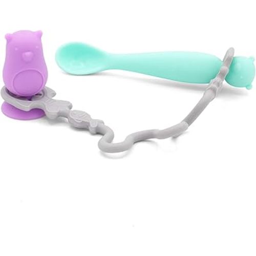• Easy Learn Baby Spoon & Tether Set • Baby Spoon with Tether for Babies and Toddlers • Keeps Spoon Off Floor • Ages 6 mo+ • Dishwasher Safe (Bear, Plum)