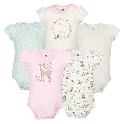 Hudson Baby Infant Girls Cotton Bodysuits 5-Pack, Enchanted Forest, Newborn