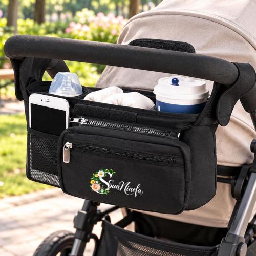 Personalized Stroller Organizer Bag with Floral Initial and Name, Detachable Wristlet Pouch, Baby Shower Gift for Mom