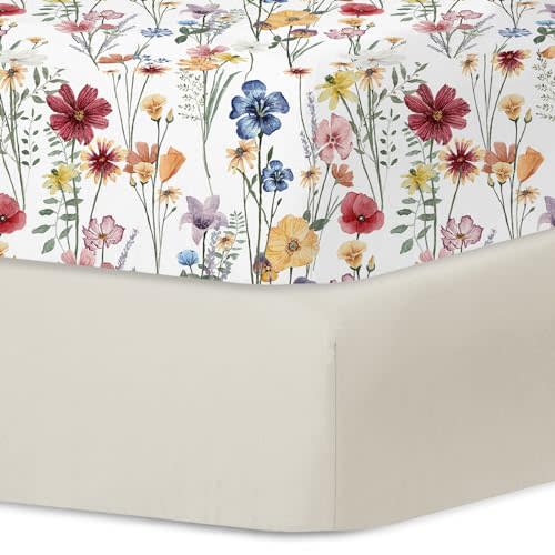 Little Grape Land Pack and Play Sheets Mini Crib Sheets Soft Breathable Pack N Play Sheets, Playard Fitted Sheet 2 Pack Stretchy Fits 38"x26" Playard Mattress, Spring Flower