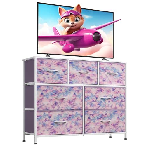 WLIVE Dresser for Bedroom, 7 Drawers, TV Stand, Tie-Dye | 7 roomy fabric drawers, Fits TVs up to 45 inch, Bedroom or living room, Wide storage design, Chest of drawers