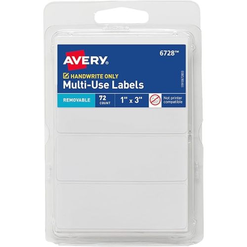 Avery Multi-Use Removable Labels, 1" x 3", White, Non-Printable, 72 Blank Labels Total (6728)
