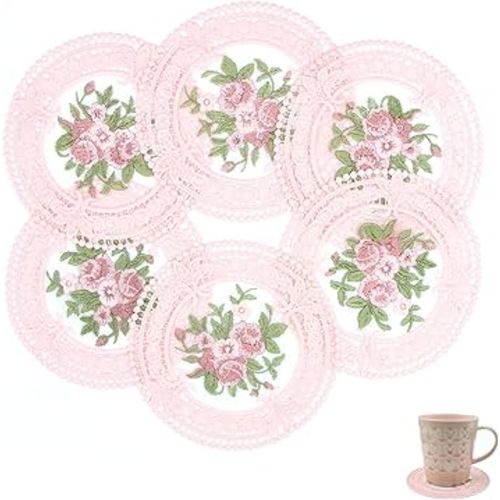 4.5'' 8pk Vintage Lace Pink Coasters, Round Embroidery Cloth Coasters for Drinks, Small Crochet doilies for Crafts, Cups, Table Decoration (Peach)