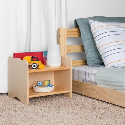 Kids Nightstand for Floor Beds, Solid Wood Small Bedside Table with Book Pocket, Low Tiny Nightstand for Nursery, Toddler & Kids Room, Montessori Style Side Table - Varnished